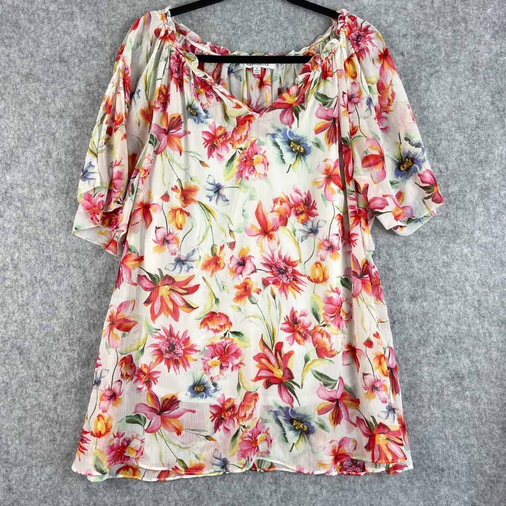 Rose + Olive Top Womens 1X Floral Ruffle Lined Sheer Boho Cottagecore Romantic